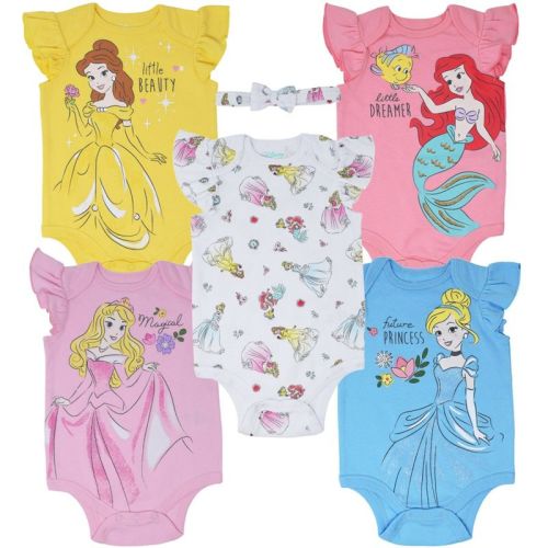 Disney Princess Ariel Princess Belle Cinderella Newborn Baby Girls 5 Pack Bodysuits Blue / Green / Purple / Yellow 0-3 Months