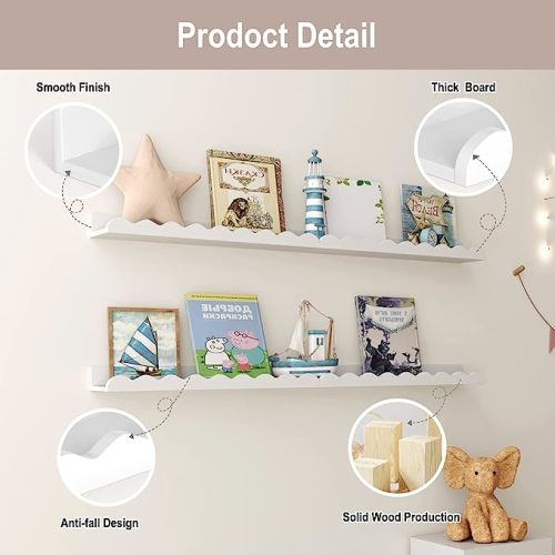 Kids' Bookshelf Set of 4 - White Floating Nursery Book Shelves, Picture Ledge Shelf for Wall Decor and Storage - Perfect for Books, Toys, Photo Frames, and Nursery Décor - 17 Inches