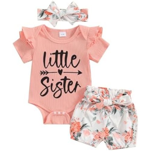 Newborn Baby Girl Clothes Little Sister Rufffle Short Sleeve Romper and Floral Shorts Summer Outfit