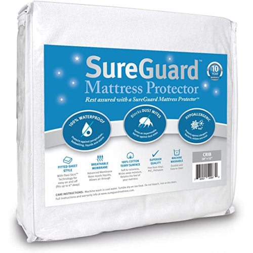 SureGuard Crib Size Mattress Protector - 100% Waterproof, Hypoallergenic - Premium Fitted Cotton Terry Cover