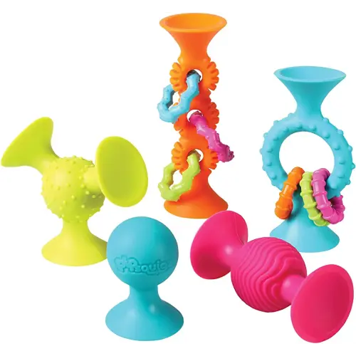 Fat Brain Toys PipSquigz Combo Set - 2 PipSquigz Loops, 3 Rattling Pip Squigz, Zippered Storage Case -BPA-Free Silicone Fidget Toys for Girls and Boys