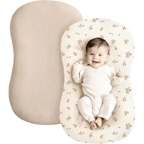 Konssy Muslin Baby Lounger Cover 2 Pack, 100% Cotton Newborn Lounger Cover, Soft and Breathable Lounger Slipcover for Boys Girls, Covers Only (Summer Wheat, Pear)