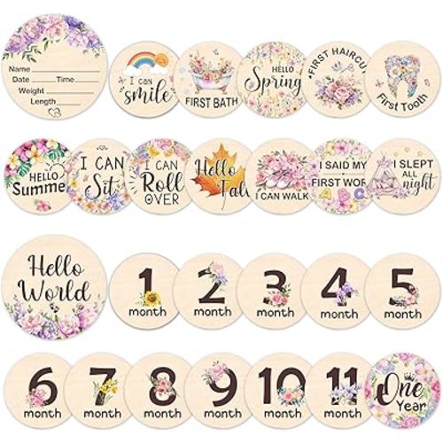 Baby Monthly Milestone Cards - 13pcs Wooden Double Sided Flower Monthly Milestone Signs, Birth Announcement Sign for Photo Props, 1-12 Months Newborn Milestones Cards, Baby Shower Party Gifts Marker