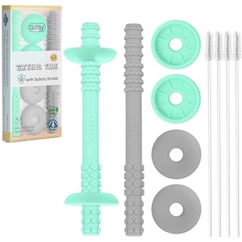 Giftty Teething Tube with Safety Shield Baby Hollow Teether Sensory Toys Gum Massager, Food-Grade Silicone for Infant, Toddler, Boys & Girls, 1 Pair with 4 Cleaning Brush Included (Cyan+Gray)