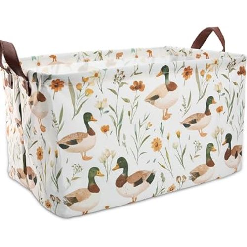 Mallard Duck Storage Basket - Mallard Duck Room Decor, Flower Waterproof Laundry Basket Storage Bin Collapsible Nursery Hamper Toy Box Decorative Hunting Decor for Bathroom Nursery Room Bedroom