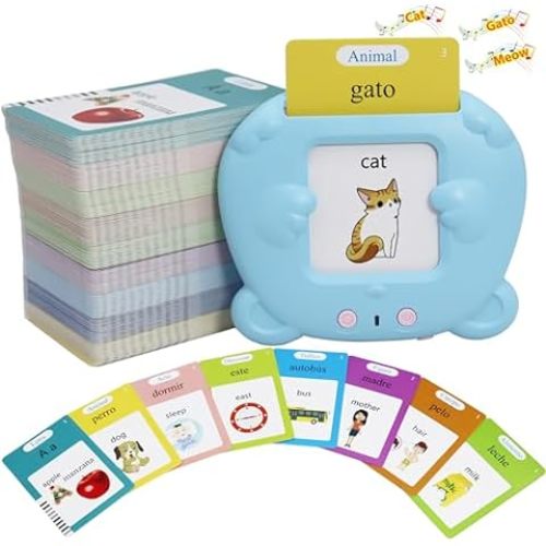 Startcan Spanish & English Talking Flash Cards for Toddlers 1 2 3 4 5 6, Audible Toys for Kids to Learn Spanish - 258 Cards and 516 Words(Blue) - 516-bilingual-blue (New Abc+123+ 4 Songs)