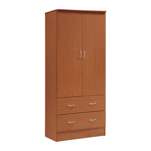 Hodedah Two Door Wardrobe with Two Drawers and Hanging Rod, Cherry