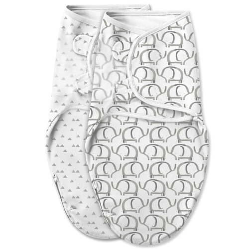 SwaddleMe Original Swaddle Blanket - Newborn Soft Luxe Edition Fabric with Easy Change Zipper - Ellie 2 Pack Grey Elephant and Triangle Prints Size Small (0-3 Months)