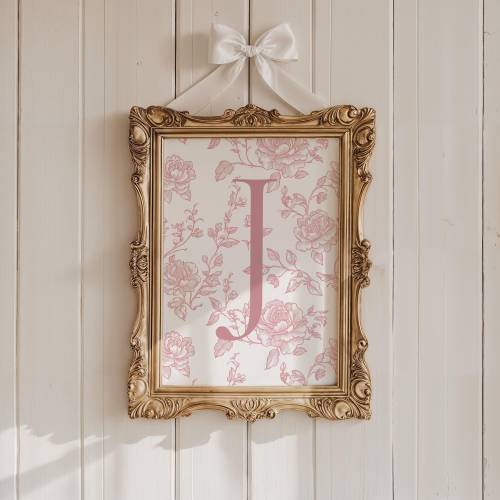 Custom Initial Elegant French Coquette Toile Print Chinoiserie Dusty Rose Room Decor Personalized Initial Wall Baby Girl Nursery Vintage Art