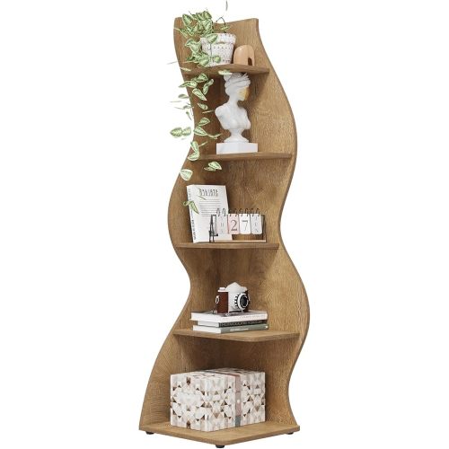 Tribesigns Corner Shelf, Modern 5-Tier Wall Corner Bookshelf, Stylish Corner Small Bookcase Storage Rack Plant Stand with Unique Shape for Living Room, Home Office (Light Brown, 1PC)