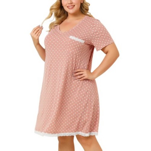 Agnes Orinda Women's Plus Size Pajamas Polka Dots Lace Trim V Neck Short Sleeve Lounge Midi Nightgowns with Pocket 3X Pink