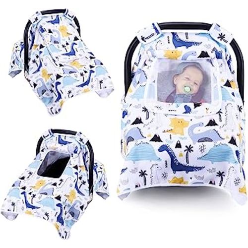 THE KENKYO Car Seat Covers for Babies, Baby Car Seat Cover for Girls Boys, Kick-Proof Newborn Carrier Canopy with Breathable Mesh Peep Window, Windproof Stroller Cover for All Seasons