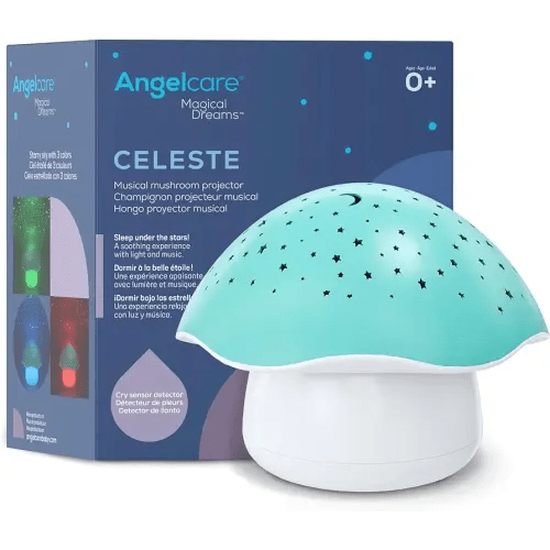 Celeste Musical Mushroom Night Light Baby Projector - Sleep Soother with Adjustable Volume Lullabies, White Noises, 3 Night Light Colors, and Cry Sensor Detector