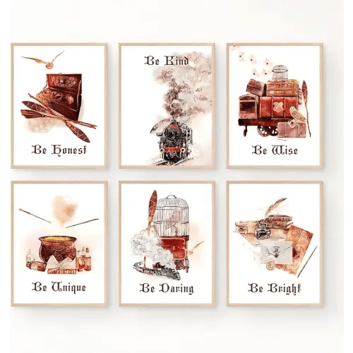 Magical Girls Room Decor,Watercolor Wizard Magic Flying Broom Owl Train Wall Art Canvas Painting,Motivational Saying Be Kind&Be Honest Posters Picture for Baby Bedroom Kids Room Boys Playroom