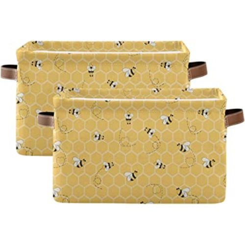 Storage Basket Cube Yellow Animal Bee Honey Comb Large Collapsible Toys Storage Box Bin Laundry Organizer for Closet Shelf Nursery Kids Bedroom,15x11x9.5 in,2 Pack - 2 PCS