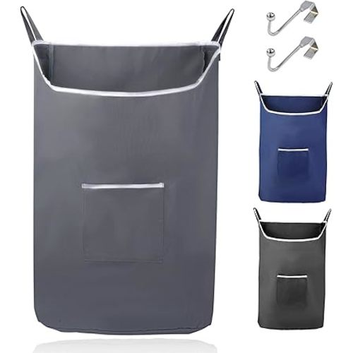The Fine Living Co. X-Large Hanging Laundry Hamper with Over Door Hooks & Adhesive, Durable Space Saving Laundry Bag with Zipper and Wide Open Top,Hanging Dorm Laundry Hamper 20"x3.75"x31" (Gray-XL)
