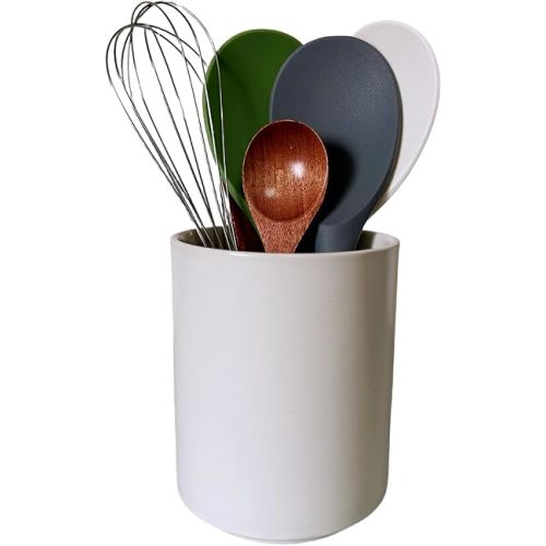 Medium Stoneware Kitchen Utensil Holder for Kitchen Counter Short Cooking Utensil Holder for Countertop Spatula Holder Small Utensil Crock Cutlery Holder Silverware Caddy Flower Vase (White)