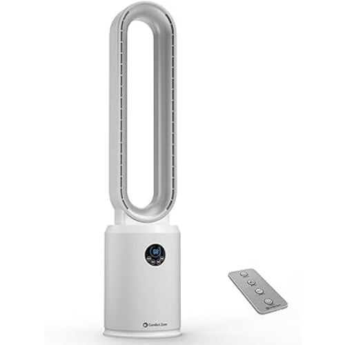 Comfort Zone Tower Fan for Bedroom, 40 inch Bladeless Stand Fan with Remote Control, 9H Timer, Wide Area Oscillation, Push Button Digital Display, 3 Speed Home Floor Fan, White/Silver