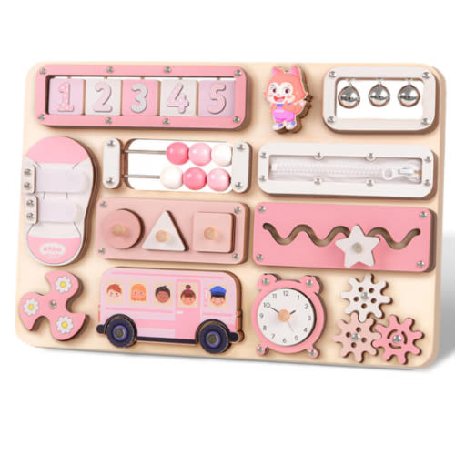 Large Busy Board Montessori Toys for 1 2 3 Year Old - Sensory Toys for Toddlers 1-3 - Fine Motor Skills & Early Learning - Montessori Gift for Boys & Girls - Travel-Friendly & Safe (Pastel Girl)