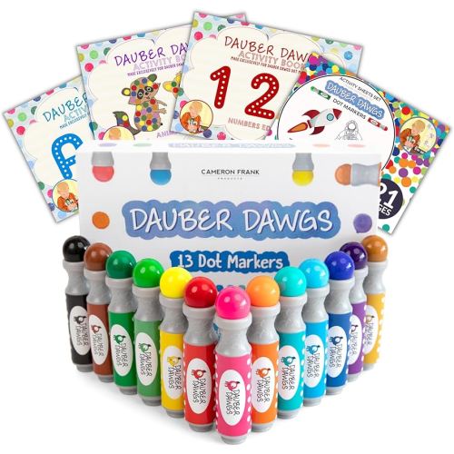 Washable Dot Markers 13 Pack With 121 Activity Sheets For Kids, Gift Set With Toddler Art Activities, Preschool Children Arts Crafts Supplies Kit, Special Holiday Bingo Dabbers Dobbers, Dauber Dawgs
