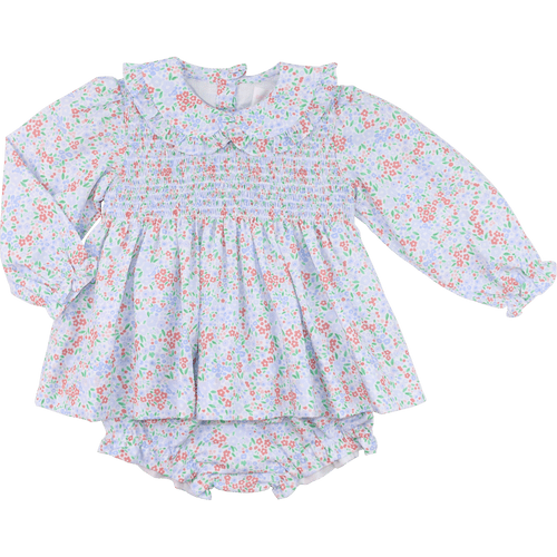 Blue And Coral Floral Smocked Diaper Set - Cecil and Lou