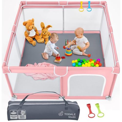 TODALE Playpen 50”×50” Pink Playpen for Babies and Toddlers - Safe & Sturdy, Small Baby Play Yard with Anti-Slip Base & Breathable Mesh - for Indoor and Outdoor Fun
