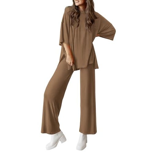 PRETTYGARDEN Two Piece Sets for Women Lounge Matching Set | Summer Fashion Airport Travel Outfit, Short Sleeve Oversized Tshirts, Wide Leg Pants Pockets, Spring Cruise Vacation Clothes