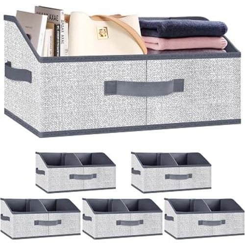 Closet Storage Bins 6 Pack, Large Closet Organizer Baskets with Divider & Handles,Trapezoid Fabric Shelf Organizers, Collapsible Storage Cubes for Clothes, Towels, Toys-Gray