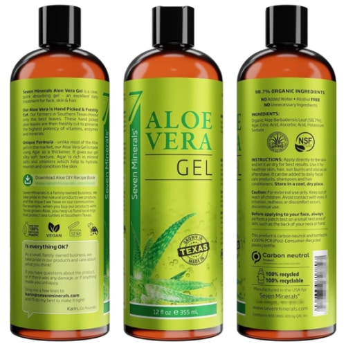Seven Minerals Organic Aloe Vera Gel from freshly cut 100% Pure Aloe - Big 12oz - HighestQuality, Texas grown, Vegan, Unscented - For Face, Skin, Hair, Sunburn relief