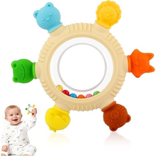 Baby Teething Rings Toys for 0-6 6-12 Months Animal Rattle Teether Sensory Toys for Babies 0-24Months Silicone Teether Relief Chew Soothing Sore Gums for Newborn Infant Essentials BPA Free (Animal)