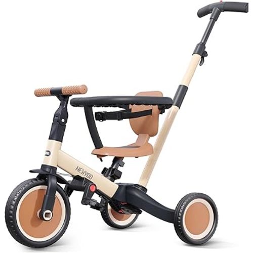 newyoo TR008 5 in 1 Toddler Tricycle with Push Handle for 1-3 Year Old Boys and Girls, Kids Push Trike with Safe Bar, Toddler Bike, Convert to Balance Bike, Birthday Gifts and Toys for Baby, Cream
