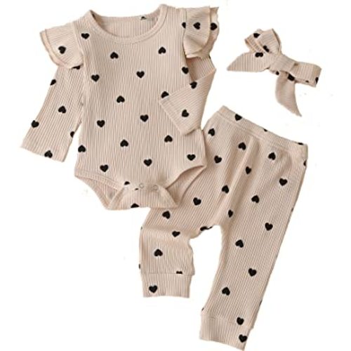 Fullfamous Baby Girl's 3pc Rib Frill Long Sleeve Romper and Pant Set