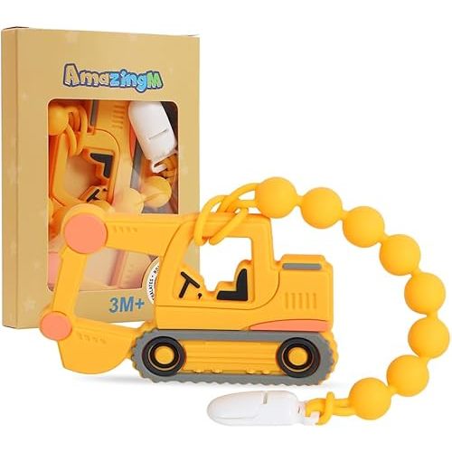 Baby Food Grade Silicone Carrier Vehicle Teether Toy with One Piece Design Pacifier Clip Holder,Teething Pain Relief Toys Gift Set for 3 Months+ Boys and Girls,Freezer Safe,BPA Free. (Excavator)