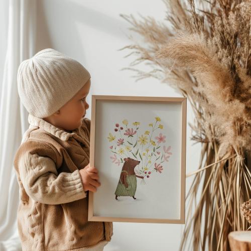 Whimsical Bear Print For Children, Baby Girl Floral Nursery Wall Art, Woodland Animals Decor, Hand Painted Nursery Art, Bear Flowers Print