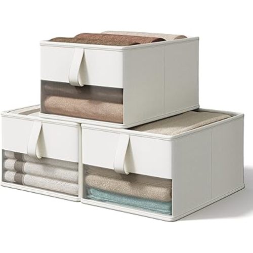 Vailando Foldable Storage Bins with Clear Window, Fabric Organizer for Closet, Shelves & Cubes - Breathable, Odor-Free Storage Boxes for Towels, Clothes, Toys, Books - 14.75"x10.25"x8", White, 3-Pack