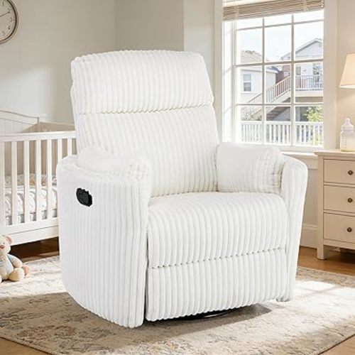 Oversized Rocking Chair, Corduroy Rocking Chair Nursery with 2 Pillows, Manual Large Swivel Rocker Recliner Chairs for Adults, Wide Rocker Recliner for Nursery, Living Room, Bedroom, White