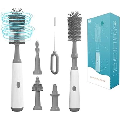 Electric Bottle Brush Set with Electric Bottle Brush Cleaner, 3 Replaceable Baby Bottle Brushes and Extension Handle. Silicone Bottle Brush, Waterproof, Perfect Baby Essentials(Grey)
