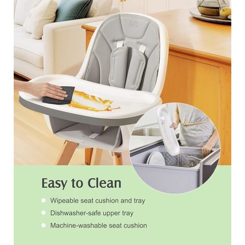 3-in-1 Convertible Baby High Chair, Wooden Highchair/Toddler Chair/Booster Seat with Double Removable Tray, 5-Point Harness, PU Cushion and Footrest, High Chair for Babies and Toddlers, Light Gray