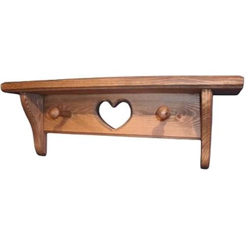 Wooden Shelves, 16" Wooden Shelf with Heart and pegs Stained Natural Walnut, Wood Shelves, Wooden Wall Shelves, Rustic Wooden Shelves