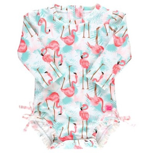 RuffleButts Baby Long Sleeve One Piece Rash Guard - Vibrant Flamingo, Size : 3-6 Months