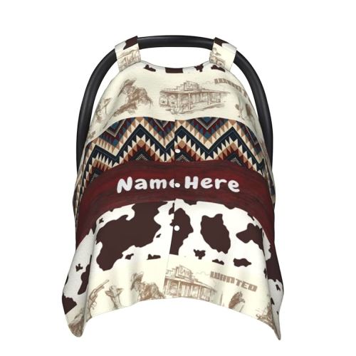 Personalized Western Style Baby Car Seat Canopy for Babies with Name, Customized Cowboy Stroller Car Seat Covers for Girls Boys, Minky Nursing Carseat Cover for Breastfeeding, Newborn, Infant