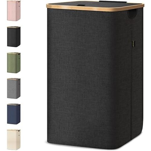 BALEINE Laundry Hamper with Lid, Tall Laundry Baskets with Bamboo Pull Handles, Large Laundry Bin with Internal Support (26 Gal/100L, Black)