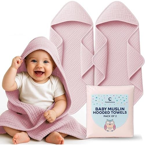Muslin Hooded Baby Towels Set of 2 Pink Baby Bath Towel 32x32 Inches Ultra Soft, Absorbent, Quick Dry, Gentle on Newborn Skin, Perfect, No Shrink, Fits Infants & Toddlers