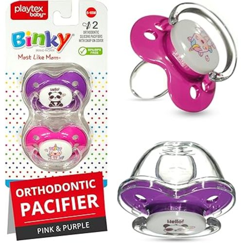 Playtex Baby Binky Orthodontic Pacifier with Snap-On Cover, Air Comfort Shield, Medical Grade Silicone, 6 Months+, Pink & Purple (2 Count)