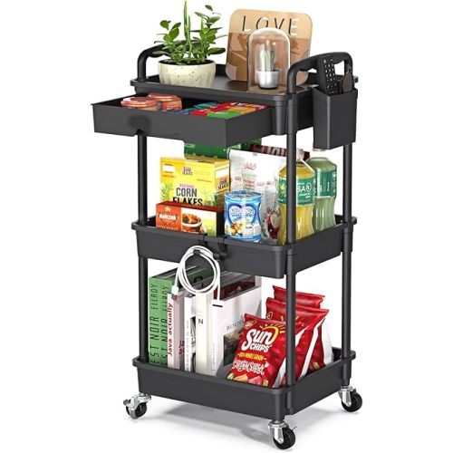 Rolling Utility Cart with Drawer 3 Tier, Utility Storage Organizer with Plastic Shelf & Lockable Wheels Multifunctional Storage Cart for Kitchen, Bathroom, Office, Living Room, Black
