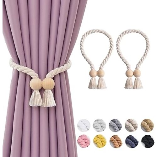 NICEEC 2 Pack Wooden Ball Magnetic Curtain Tiebacks Boho Home Decor Drape Tie Backs Natural Cotton Hand Woven Rope Curtain Holdbacks for Thin & Thick Home & Office Window Draperies (Beige)