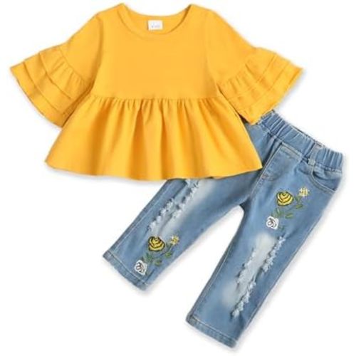 NZRVAWS Baby Girl Clothes Toddler Girl Outfits Infant Ruffle Shirt Denim Ripped Jeans Cute Clothing Set