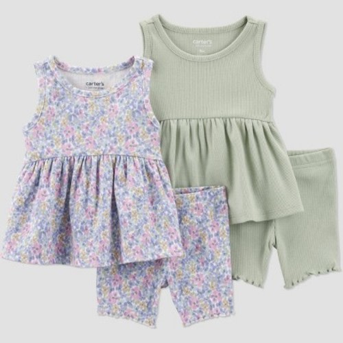 Carter's Just One You® Baby Girls' Floral Top & Bottom Set - Green 9M: Cotton Elastane Blend, Sleeveless Tank, Pull-On Shorts