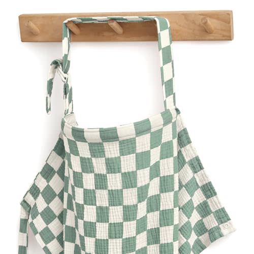 Blissful Diary Muslin Nursing Cover for Breastfeeding, Breathable Breastfeeding Cover up with Arch Neckline for Women, Nursing Apron (Sage Checkboard)