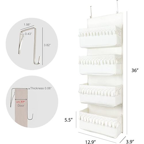 Dahey Over The Door Organizer Boho Nursery Storage Decor Closet Hanging Organizer with Tassels Decoration for Bedroom Nursery Bathroom Apartments Dorm Pantry, 4 Pockets, White and Grey